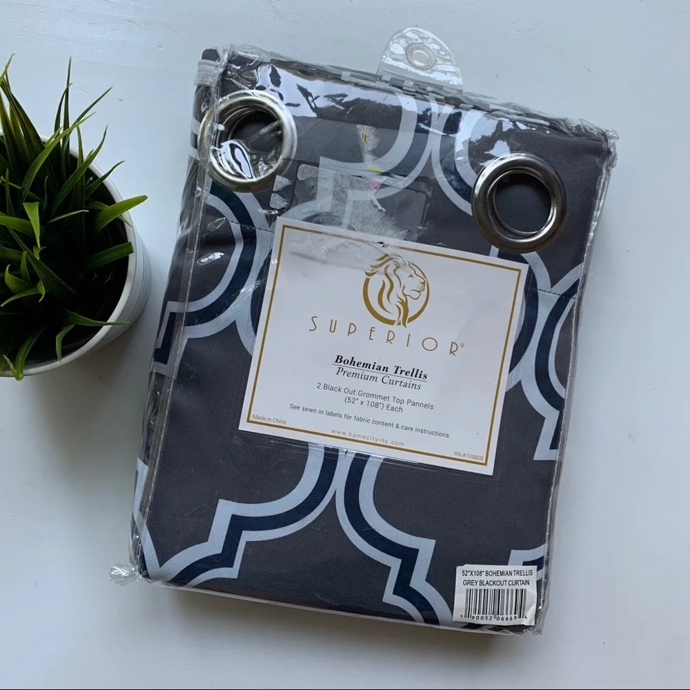 SUPERIOR Bohemian Trellis Grey Navy Blue White Curtain Panels 42 x 108 NEW NIP